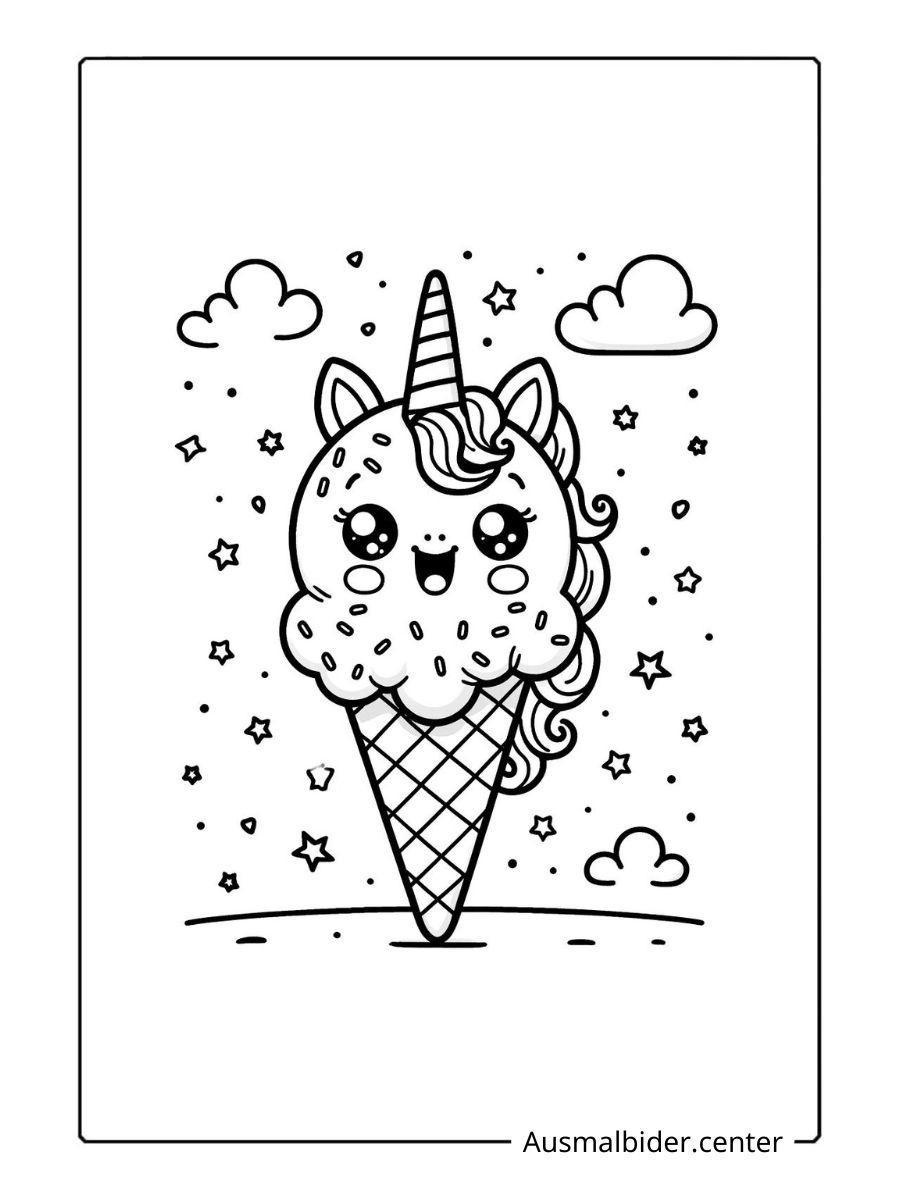 Einhorn Eis Ausmalbild Sterne und Wolken im fröhlichen Hintergrund.