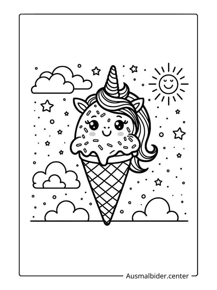 Einhorn Eis Ausmalbild mit funkelnden Augen, Wolken und Sternen.