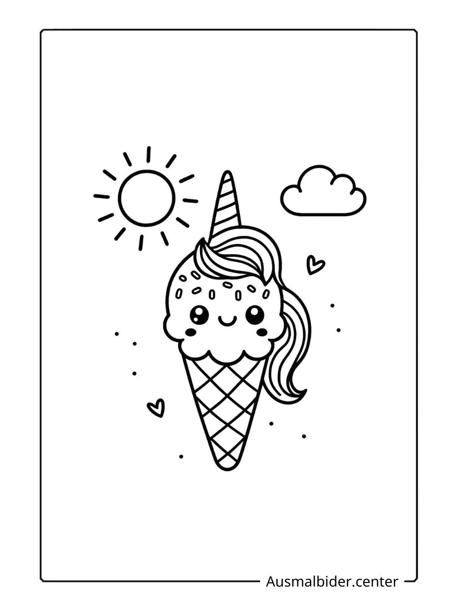 Eis Einhorn Ausmalbild umgeben von Sonne, Wolken und kleinen Punkten.