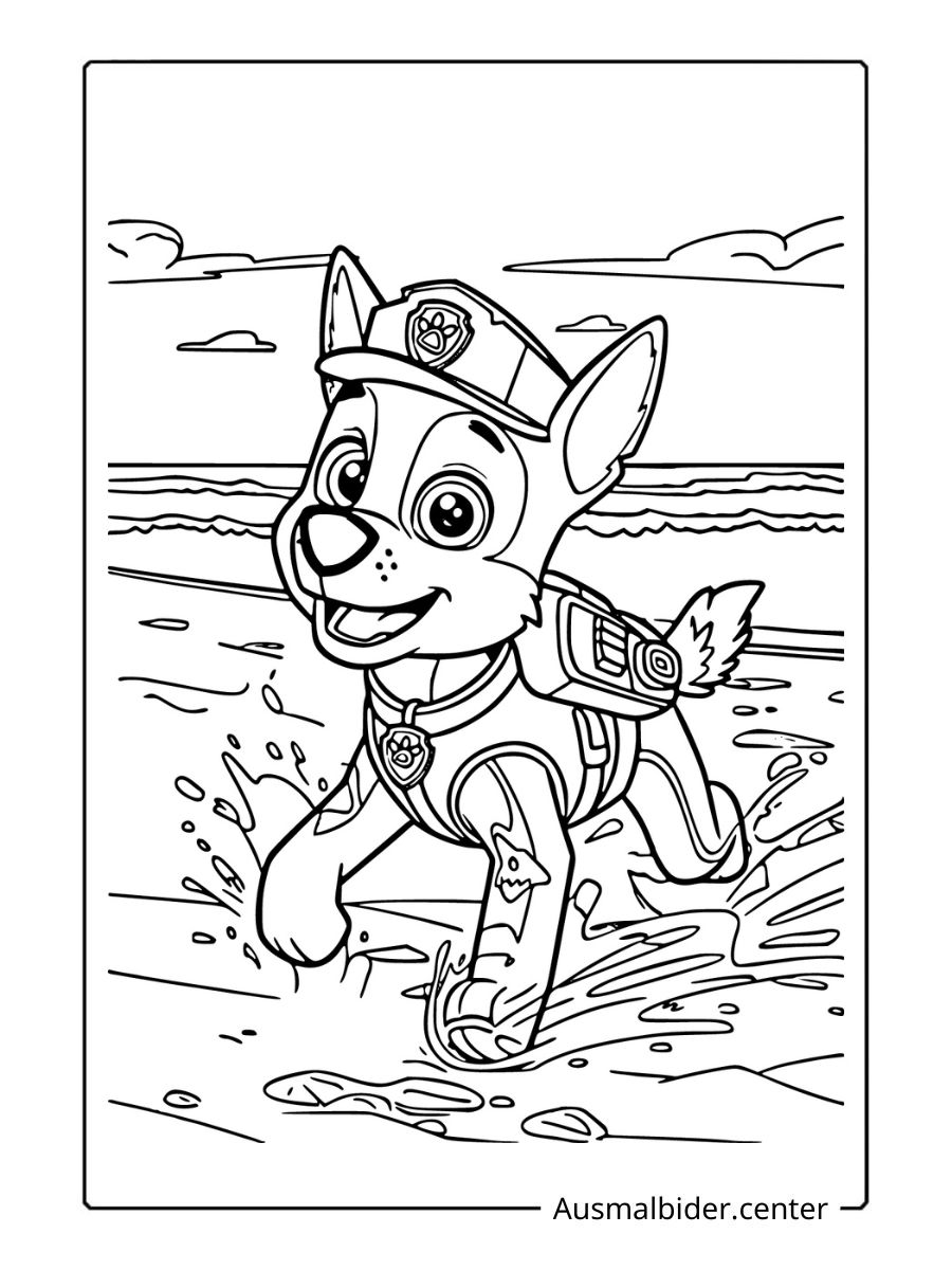 Ausmalbild Paw Patrol Chase am Strand.