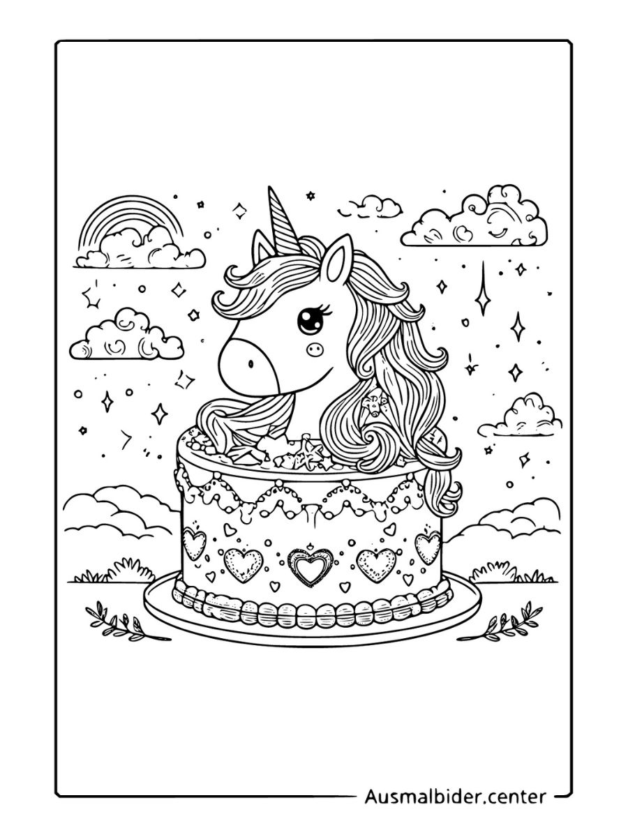 Einhorn Torte Ausmalbild mit Herzen, Wolken und Regenbogen.