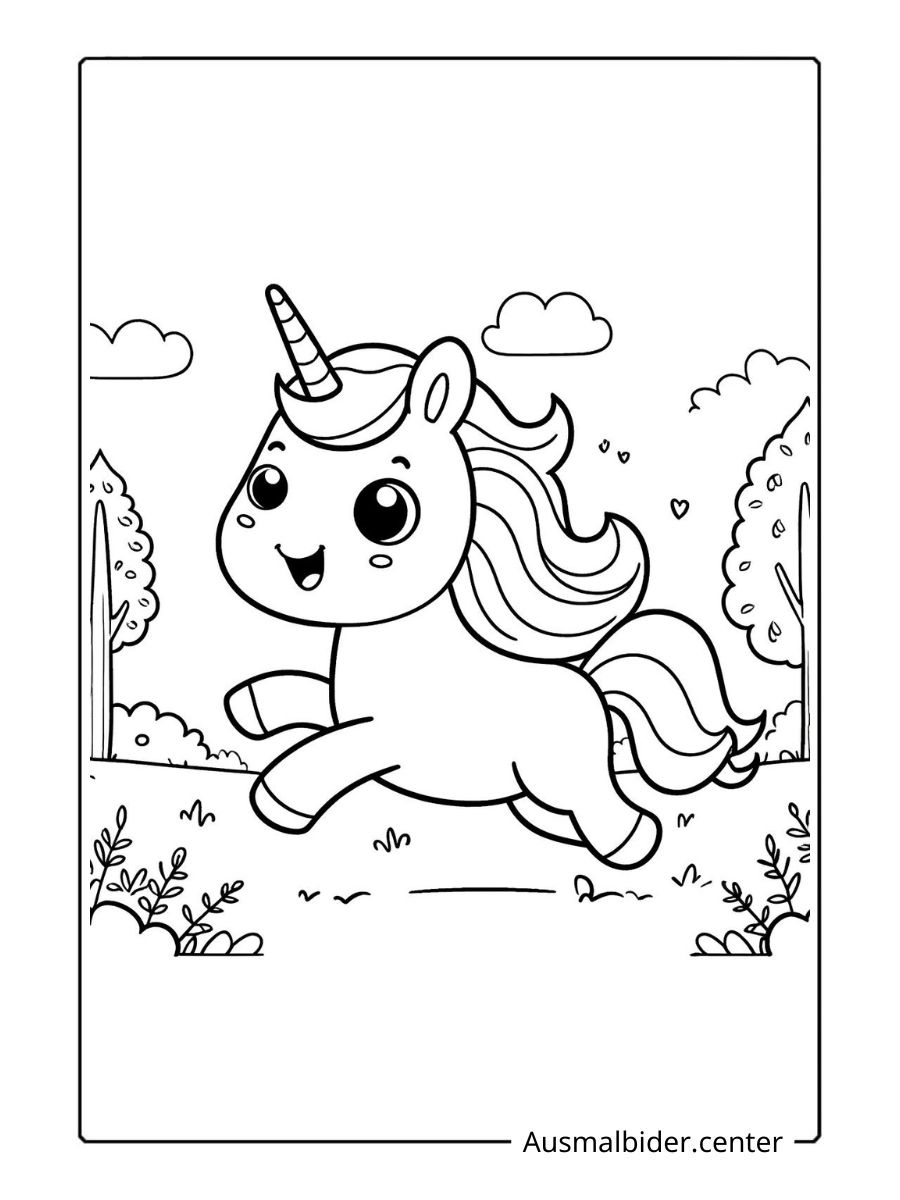 Kawaii Ausmalbild Einhorn spielt vor Bäumen und Wolken.