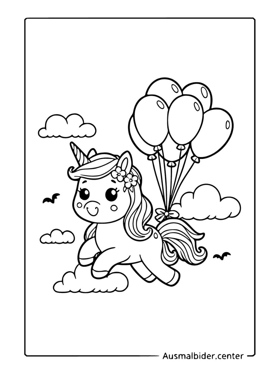 Kawaii Ausmalbilder Einhorn fliegt mit Luftballons und Wolken.