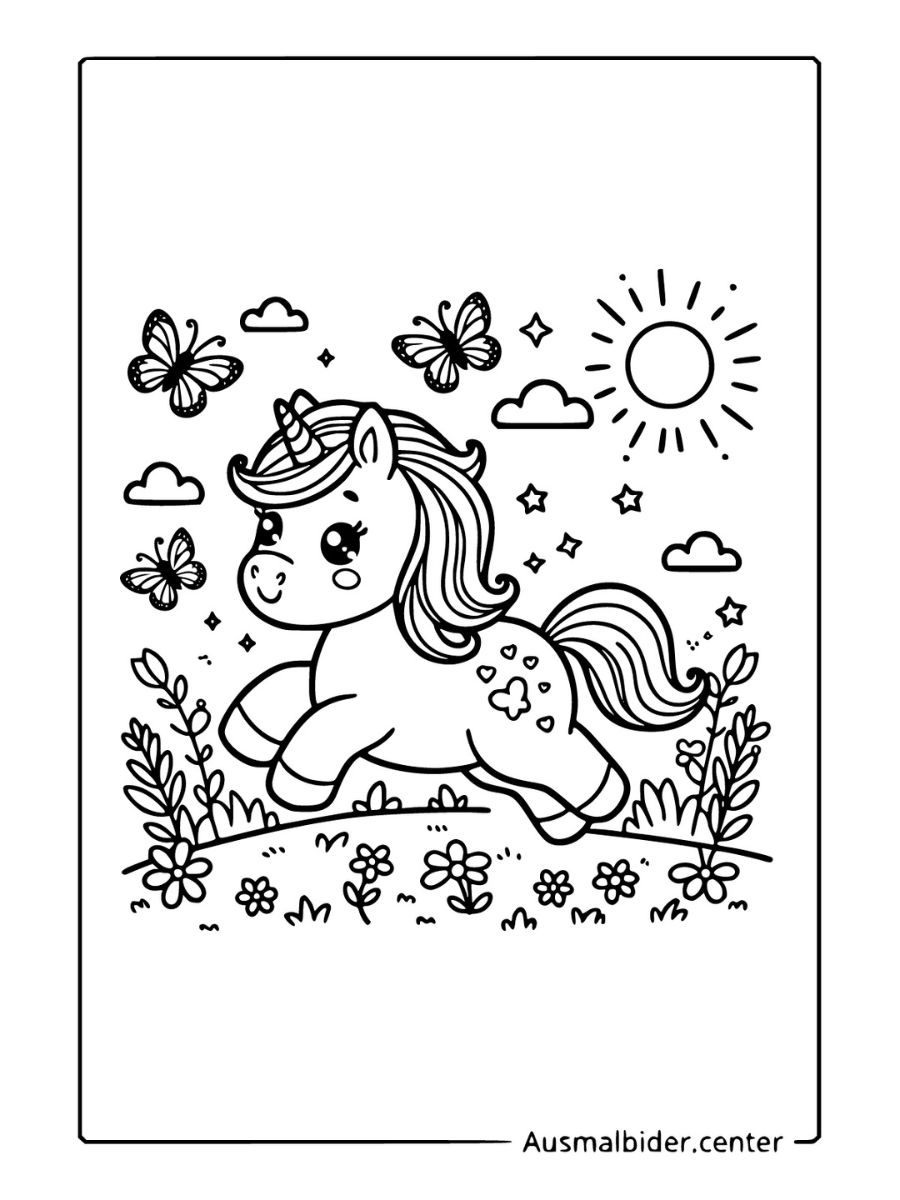 Kawaii Ausmalbilder Einhorn rennt über Wiese mit Blumen und Schmetterlingen.